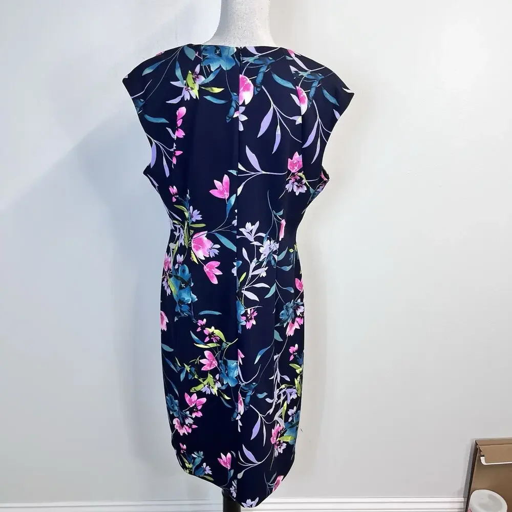 Connect Apparel Dress size 14 Navy Blue Pink Floral Stretch Knee Wedding Church - Picture 9 of 10